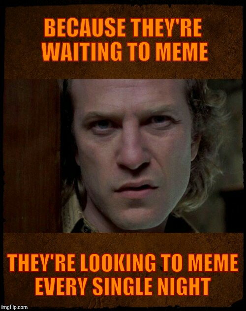 Buffalo Bill, Are you serious?,,, | BECAUSE THEY'RE WAITING TO MEME THEY'RE LOOKING TO MEME  EVERY SINGLE NIGHT | image tagged in buffalo bill are you serious?   | made w/ Imgflip meme maker