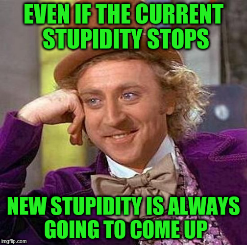Creepy Condescending Wonka Meme | EVEN IF THE CURRENT STUPIDITY STOPS NEW STUPIDITY IS ALWAYS GOING TO COME UP | image tagged in memes,creepy condescending wonka | made w/ Imgflip meme maker