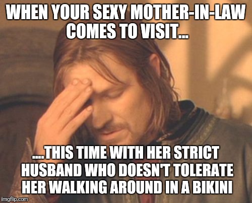 Frustrated Boromir | WHEN YOUR SEXY MOTHER-IN-LAW COMES TO VISIT... ....THIS TIME WITH HER STRICT HUSBAND WHO DOESN'T TOLERATE HER WALKING AROUND IN A BIKINI | image tagged in memes,frustrated boromir | made w/ Imgflip meme maker