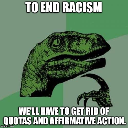 Philosoraptor | TO END RACISM; WE'LL HAVE TO GET RID OF QUOTAS AND AFFIRMATIVE ACTION. | image tagged in memes,philosoraptor | made w/ Imgflip meme maker