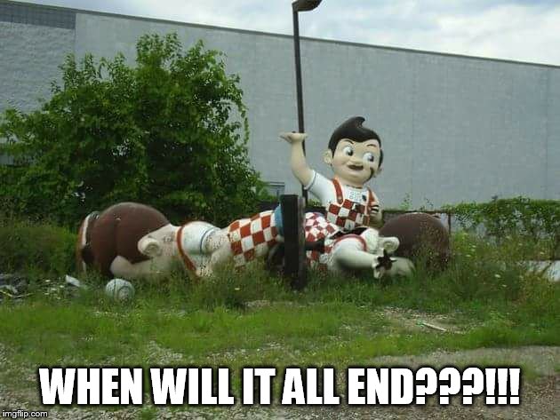 statue | WHEN WILL IT ALL END???!!! | image tagged in statues | made w/ Imgflip meme maker