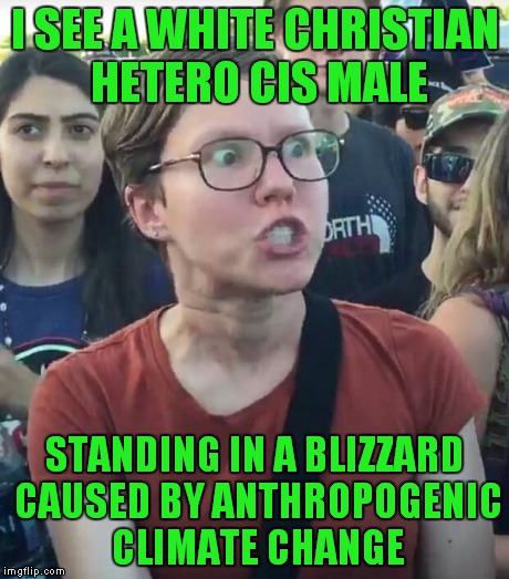 I SEE A WHITE CHRISTIAN HETERO CIS MALE STANDING IN A BLIZZARD CAUSED BY ANTHROPOGENIC CLIMATE CHANGE | made w/ Imgflip meme maker