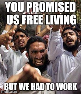 angry muslim | YOU PROMISED US FREE LIVING; BUT WE HAD TO WORK | image tagged in angry muslim | made w/ Imgflip meme maker