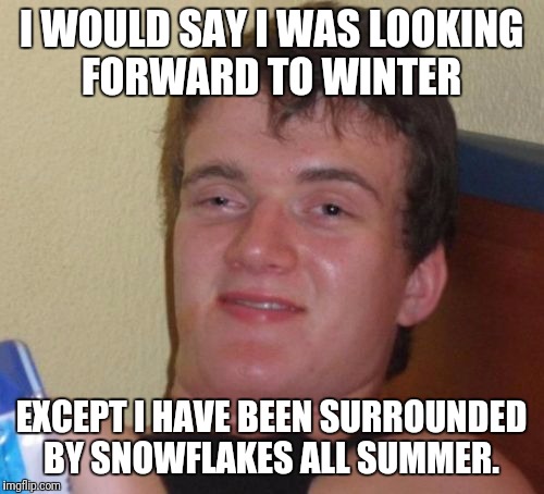 10 Guy Meme | I WOULD SAY I WAS LOOKING FORWARD TO WINTER; EXCEPT I HAVE BEEN SURROUNDED BY SNOWFLAKES ALL SUMMER. | image tagged in memes,10 guy,snowflakes | made w/ Imgflip meme maker