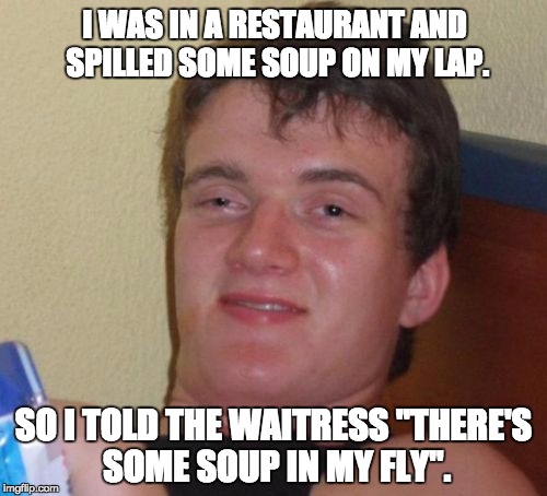 10 Guy Meme | I WAS IN A RESTAURANT AND SPILLED SOME SOUP ON MY LAP. SO I TOLD THE WAITRESS "THERE'S SOME SOUP IN MY FLY". | image tagged in memes,10 guy | made w/ Imgflip meme maker