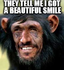 Handsome Monkey | THEY TELL ME I GOT A BEAUTIFUL SMILE | image tagged in smile,funny | made w/ Imgflip meme maker