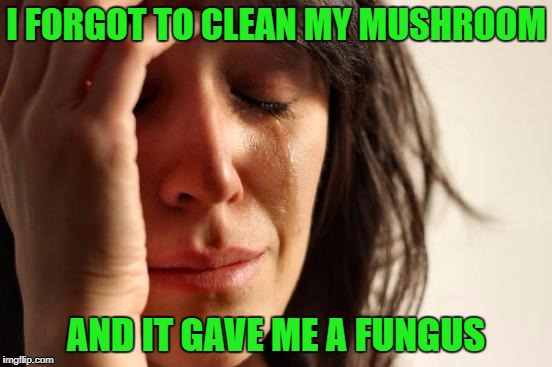 First World Problems Meme | I FORGOT TO CLEAN MY MUSHROOM AND IT GAVE ME A FUNGUS | image tagged in memes,first world problems | made w/ Imgflip meme maker