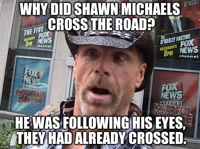 Shawn Michaels | WHY DID SHAWN MICHAELS CROSS THE ROAD? HE WAS FOLLOWING HIS EYES, THEY HAD ALREADY CROSSED. | image tagged in wwe,pro wrestling | made w/ Imgflip meme maker