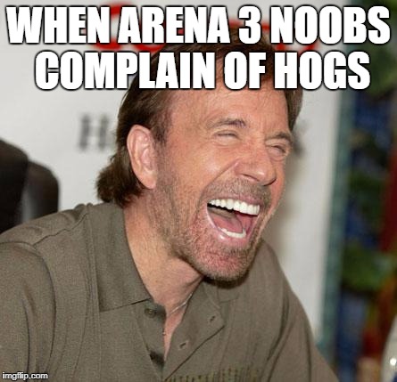 Chuck Norris Laughing Meme | WHEN ARENA 3 NOOBS COMPLAIN OF HOGS | image tagged in memes,chuck norris laughing,chuck norris | made w/ Imgflip meme maker