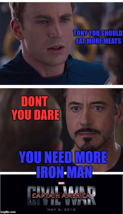 Marvel Civil War 1 | TONY YOU SHOULD EAT MORE MEATS; DONT YOU DARE; YOU NEED MORE IRON MAN | image tagged in memes,marvel civil war 1 | made w/ Imgflip meme maker