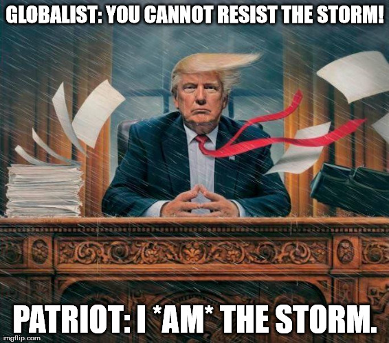 GLOBALIST: YOU CANNOT RESIST THE STORM! PATRIOT: I *AM* THE STORM. | image tagged in i am the storm | made w/ Imgflip meme maker