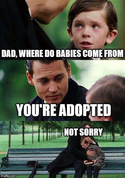 Finding Neverland | DAD, WHERE DO BABIES COME FROM; YOU'RE ADOPTED; NOT SORRY | image tagged in memes,finding neverland | made w/ Imgflip meme maker