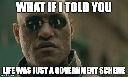 Matrix Morpheus Meme | WHAT IF I TOLD YOU; LIFE WAS JUST A GOVERNMENT SCHEME | image tagged in memes,matrix morpheus | made w/ Imgflip meme maker