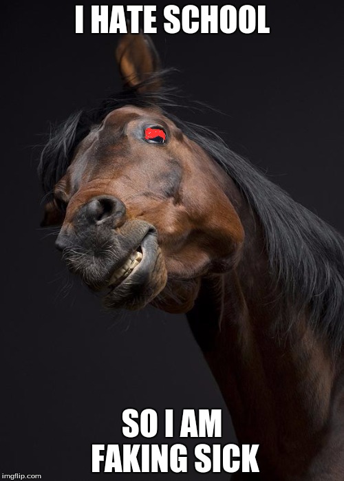 ScaryHorse | I HATE SCHOOL; SO I AM FAKING SICK | image tagged in scaryhorse | made w/ Imgflip meme maker