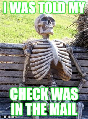 Waiting Skeleton | I WAS TOLD MY; CHECK WAS IN
THE MAIL | image tagged in memes,waiting skeleton | made w/ Imgflip meme maker