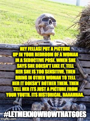 Waiting Skeleton Meme | HEY FELLAS! PUT A PICTURE UP IN YOUR BEDROOM OF A WOMAN IN A SEDUCTIVE POSE. WHEN SHE SAYS SHE DOESN'T LIKE IT, TELL HER SHE IS TOO SENSITIVE. THEN BRING IN OTHER WOMAN TO TELL HER IT DOESN'T BOTHER THEM. THEN TELL HER ITS JUST A PICTURE FROM YOUR YOUTH. ITS HISTORICAL. BAAAHHAA. #LETMEKNOWHOWTHATGOES | image tagged in memes,waiting skeleton | made w/ Imgflip meme maker