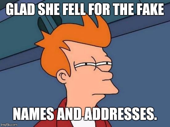 Futurama Fry Meme | GLAD SHE FELL FOR THE FAKE NAMES AND ADDRESSES. | image tagged in memes,futurama fry | made w/ Imgflip meme maker