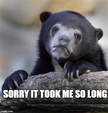 Confession Bear Meme | SORRY IT TOOK ME SO LONG | image tagged in memes,confession bear | made w/ Imgflip meme maker