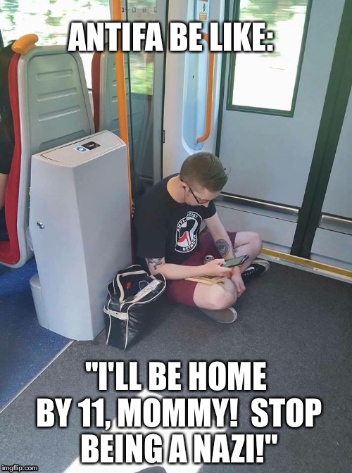 Antifa | ANTIFA BE LIKE:; "I'LL BE HOME BY 11, MOMMY!  STOP BEING A NAZI!" | image tagged in antifa,mommy,communist,leftist,protestor | made w/ Imgflip meme maker