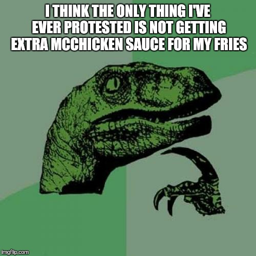 I should join a far right or left group | I THINK THE ONLY THING I'VE EVER PROTESTED IS NOT GETTING EXTRA MCCHICKEN SAUCE FOR MY FRIES | image tagged in memes,philosoraptor,protesters | made w/ Imgflip meme maker