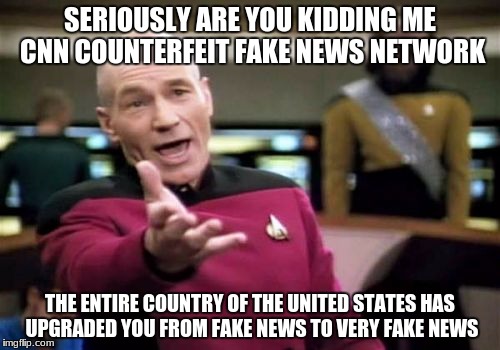 Picard Wtf Meme | SERIOUSLY ARE YOU KIDDING ME CNN COUNTERFEIT FAKE NEWS NETWORK; THE ENTIRE COUNTRY OF THE UNITED STATES HAS UPGRADED YOU FROM FAKE NEWS TO VERY FAKE NEWS | image tagged in memes,picard wtf | made w/ Imgflip meme maker