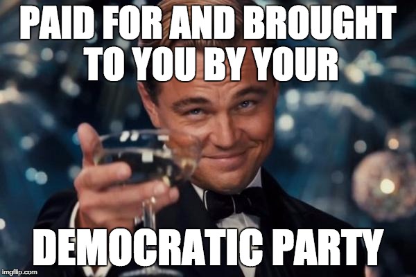 Leonardo Dicaprio Cheers Meme | PAID FOR AND BROUGHT TO YOU BY YOUR DEMOCRATIC PARTY | image tagged in memes,leonardo dicaprio cheers | made w/ Imgflip meme maker