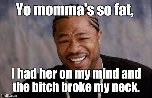 Yo Dawg Heard You Meme | Yo momma's so fat, I had her on my mind and the b**ch broke my neck. | image tagged in memes,yo dawg heard you | made w/ Imgflip meme maker