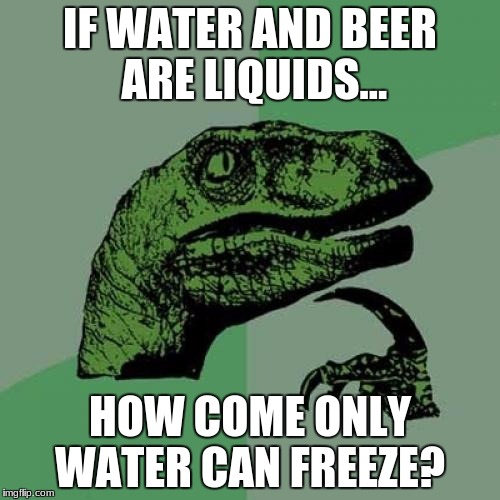 Philosoraptor Meme | IF WATER AND BEER ARE LIQUIDS... HOW COME ONLY WATER CAN FREEZE? | image tagged in memes,philosoraptor | made w/ Imgflip meme maker