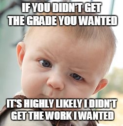 Skeptical Baby | IF YOU DIDN'T GET THE GRADE YOU WANTED; IT'S HIGHLY LIKELY I DIDN'T GET THE WORK I WANTED | image tagged in memes,skeptical baby | made w/ Imgflip meme maker