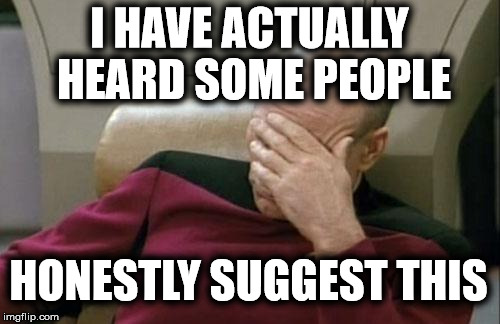 Captain Picard Facepalm Meme | I HAVE ACTUALLY HEARD SOME PEOPLE HONESTLY SUGGEST THIS | image tagged in memes,captain picard facepalm | made w/ Imgflip meme maker