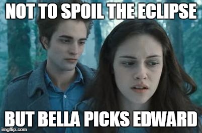 Twilight | NOT TO SPOIL THE ECLIPSE; BUT BELLA PICKS EDWARD | image tagged in twilight | made w/ Imgflip meme maker