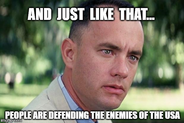 Just Like That | AND  JUST  LIKE  THAT... PEOPLE ARE DEFENDING THE ENEMIES OF THE USA | image tagged in forrest gump | made w/ Imgflip meme maker