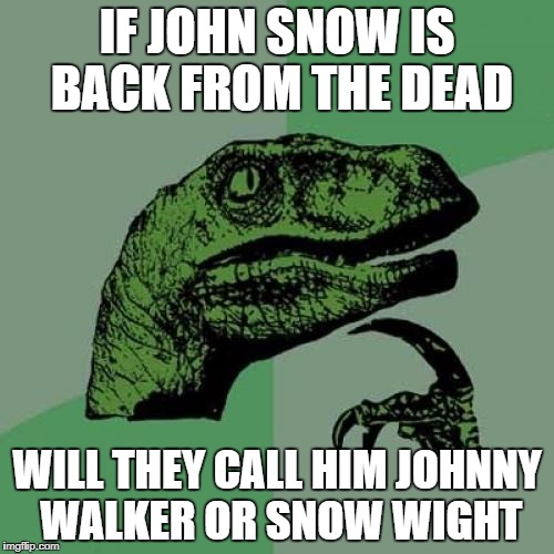 Philosoraptor Meme | IF JOHN SNOW IS BACK FROM THE DEAD; WILL THEY CALL HIM JOHNNY WALKER OR SNOW WIGHT | image tagged in memes,philosoraptor | made w/ Imgflip meme maker