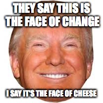 Donald C. Trump | THEY SAY THIS IS THE FACE OF CHANGE; I SAY IT'S THE FACE OF CHEESE | image tagged in memes,donald trump | made w/ Imgflip meme maker