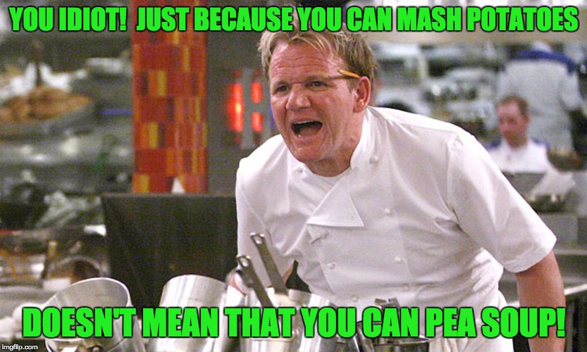 gordan ramsey yells #1 | YOU IDIOT!  JUST BECAUSE YOU CAN MASH POTATOES; DOESN'T MEAN THAT YOU CAN PEA SOUP! | image tagged in gordan ramsey yells 1 | made w/ Imgflip meme maker