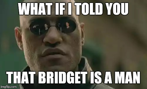 Matrix Morpheus Meme | WHAT IF I TOLD YOU; THAT BRIDGET IS A MAN | image tagged in memes,matrix morpheus | made w/ Imgflip meme maker