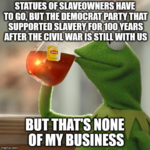But That's None Of My Business | STATUES OF SLAVEOWNERS HAVE TO GO, BUT THE DEMOCRAT PARTY THAT SUPPORTED SLAVERY FOR 100 YEARS AFTER THE CIVIL WAR IS STILL WITH US; BUT THAT'S NONE OF MY BUSINESS | image tagged in memes,but thats none of my business,kermit the frog | made w/ Imgflip meme maker