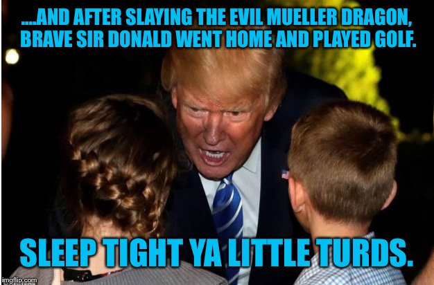 Bedtime Stories With President Trump | ....AND AFTER SLAYING THE EVIL MUELLER DRAGON, BRAVE SIR DONALD WENT HOME AND PLAYED GOLF. SLEEP TIGHT YA LITTLE TURDS. | image tagged in trump lecturing children,donald trump,robert mueller,bedtime story | made w/ Imgflip meme maker