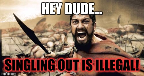 Sparta Leonidas | HEY DUDE... SINGLING OUT IS ILLEGAL! | image tagged in memes,sparta leonidas | made w/ Imgflip meme maker