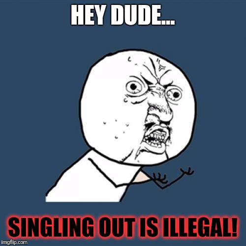 Y U No Meme | HEY DUDE... SINGLING OUT IS ILLEGAL! | image tagged in memes,y u no | made w/ Imgflip meme maker