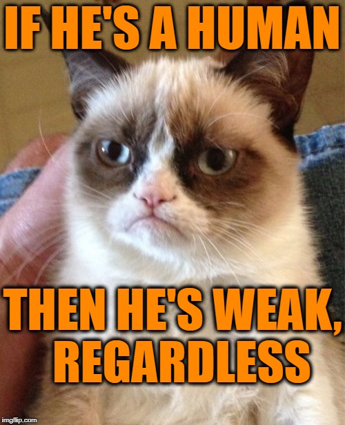 Grumpy Cat Meme | IF HE'S A HUMAN THEN HE'S WEAK,  REGARDLESS | image tagged in memes,grumpy cat | made w/ Imgflip meme maker