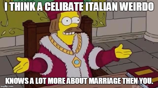 I THINK A CELIBATE ITALIAN WEIRDO; KNOWS A LOT MORE ABOUT MARRIAGE THEN YOU. | image tagged in catholic ned | made w/ Imgflip meme maker