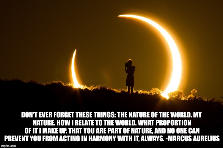 DON'T EVER FORGET THESE THINGS:
THE NATURE OF THE WORLD.
MY NATURE.
HOW I RELATE TO THE WORLD. WHAT PROPORTION OF IT I MAKE UP. THAT YOU ARE PART OF NATURE, AND NO ONE CAN PREVENT YOU FROM ACTING IN HARMONY WITH IT, ALWAYS. -MARCUS AURELIUS | made w/ Imgflip meme maker