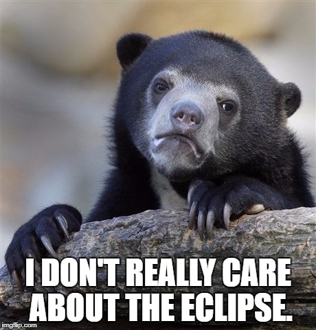 The eclipse didn't even look cool from here. I can take a picture of the sun and draw a black circle over it. | I DON'T REALLY CARE ABOUT THE ECLIPSE. | image tagged in memes,confession bear | made w/ Imgflip meme maker