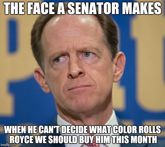 Making the tough decisions is why they get the big bucks | THE FACE A SENATOR MAKES; WHEN HE CAN'T DECIDE WHAT COLOR ROLLS ROYCE WE SHOULD BUY HIM THIS MONTH | image tagged in senator toomey,arrogant rich man,government,clowns,stealing,money | made w/ Imgflip meme maker
