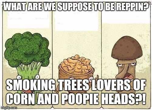 Two Veggies And A Nut | WHAT ARE WE SUPPOSE TO BE REPPIN? SMOKING TREES LOVERS OF CORN AND POOPIE HEADS?! | image tagged in two veggies and a nut | made w/ Imgflip meme maker