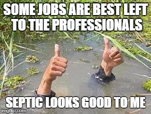 FLOODING THUMBS UP | SOME JOBS ARE BEST LEFT TO THE PROFESSIONALS; SEPTIC LOOKS GOOD TO ME | image tagged in flooding thumbs up | made w/ Imgflip meme maker