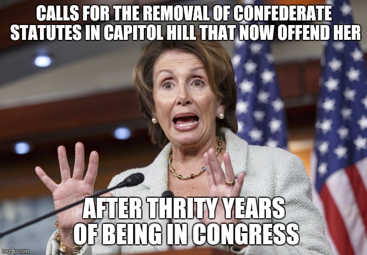 CALLS FOR THE REMOVAL OF CONFEDERATE STATUTES IN CAPITOL HILL THAT NOW OFFEND HER; AFTER THRITY YEARS OF BEING IN CONGRESS | image tagged in nancy pelosi wtf | made w/ Imgflip meme maker