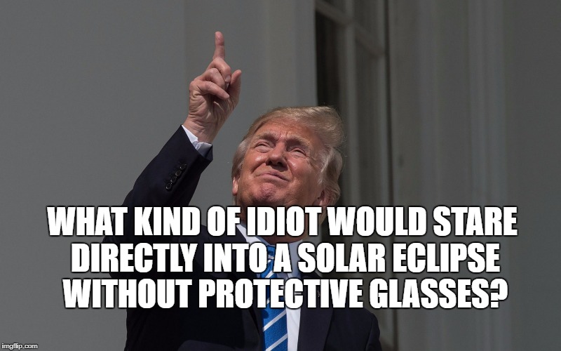 Eclipse |  WHAT KIND OF IDIOT WOULD STARE DIRECTLY INTO A SOLAR ECLIPSE WITHOUT PROTECTIVE GLASSES? | image tagged in donald trump | made w/ Imgflip meme maker