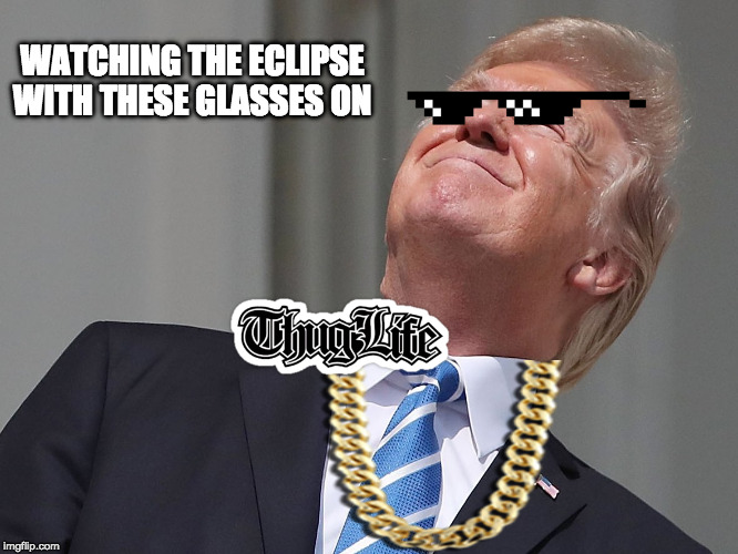 Trump defying his aides | WATCHING THE ECLIPSE WITH THESE GLASSES ON | image tagged in whatever i do what i want,thug life,trump,eclipse | made w/ Imgflip meme maker